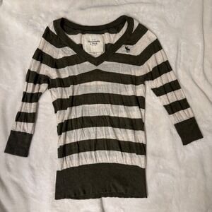 Abercrombie & Fitch Womens Medium Striped V-Neck Sweater Olive Green White Moose